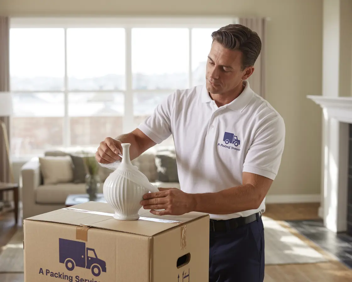 A professional mover from NTL Movers carefully packing a box