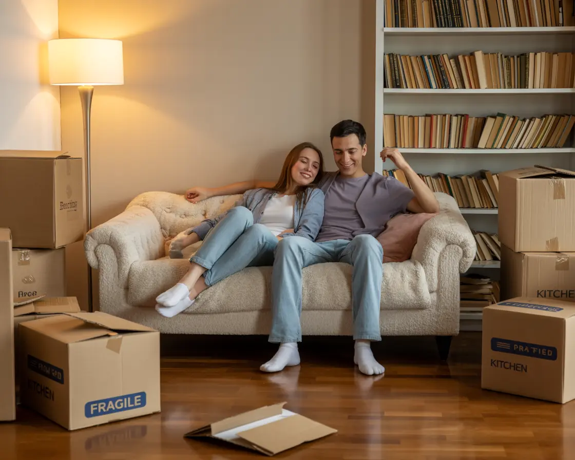 A happy family sitting among moving boxes in their new home, signifying a successful long-distance move