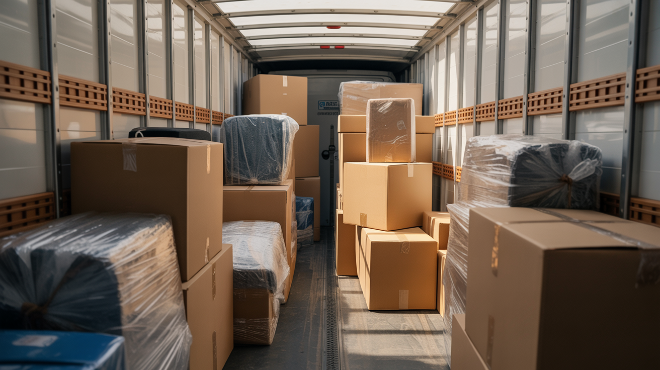 Movers loading items into a secure wooden vault for storage-in-transit
